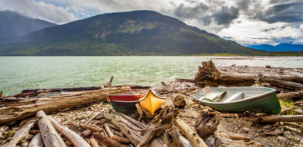 Panoramic view of boats moored on beach against sky