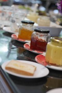 Close-up of dessert served on table