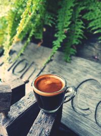 High angle view of coffee cup on table