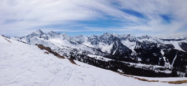 Scenic view of snow covered mountains against sky