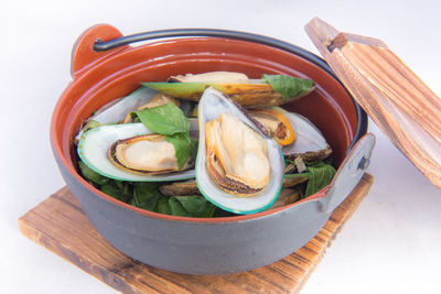 High angle view of salad in bowl on table