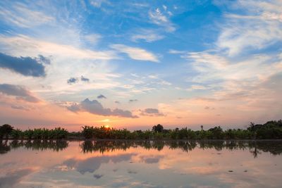 Scenic view of lake against sky at sunset