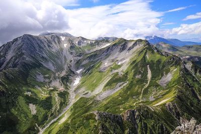 Close-up of fresh green mountain against sky