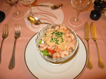 Close-up of food served on table