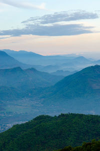 Scenic view of mountains against sky at sunset