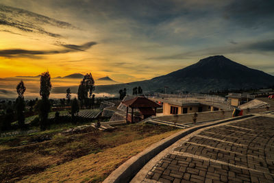 Panoramic view of buildings against sky during sunset