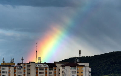 Low angle view of rainbow over houses against sky