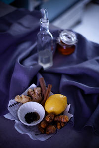 High angle view of breakfast on table