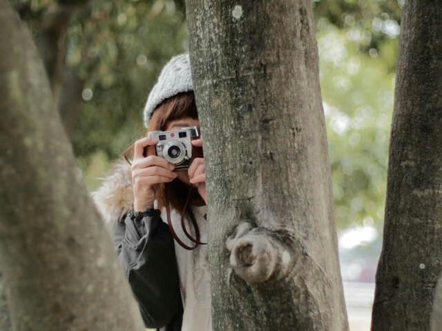 lifestyles, focus on foreground, tree, leisure activity, portrait, looking at camera, front view, tree trunk, person, casual clothing, holding, standing, young adult, smiling, warm clothing, day, outdoors, sunglasses