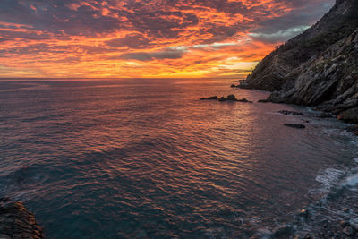 Scenic view of sea against orange sky