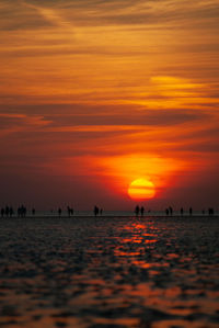 A group of people on the beach in the reflektion of the sunset off buesum in the wadden sea.