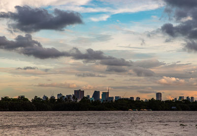 Scenic view of buildings against sky during sunset