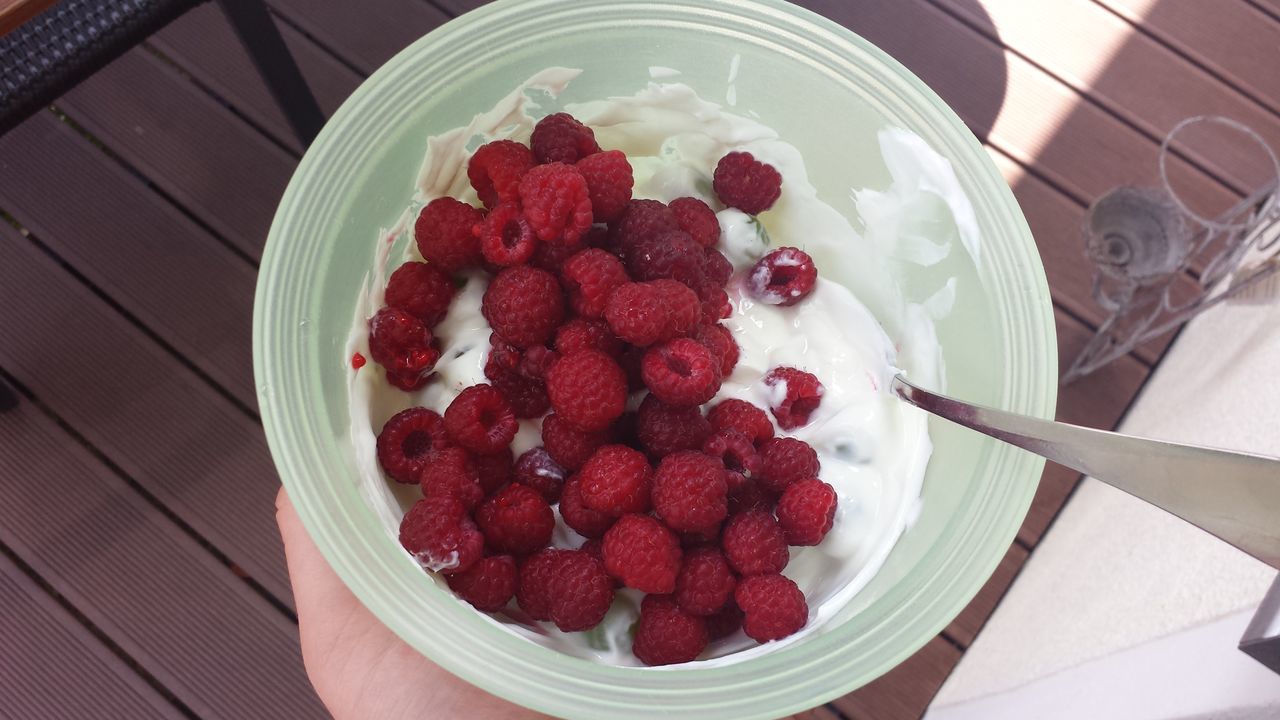 food and drink, food, freshness, indoors, fruit, sweet food, strawberry, raspberry, dessert, healthy eating, still life, bowl, high angle view, ready-to-eat, berry fruit, plate, red, indulgence, blueberry, table