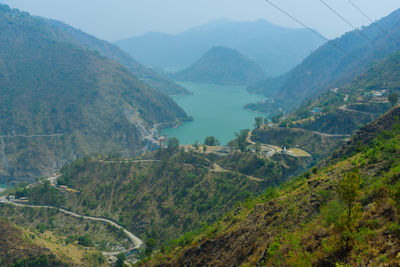 High angle view of landscape and mountains