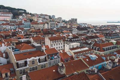 High angle view of residential district against sky