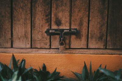 Close-up of locked wooden door