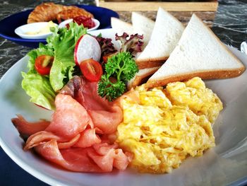 High angle view of breakfast served on table