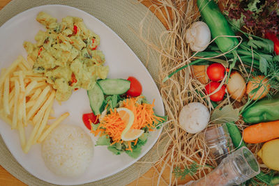 High angle view of meal served on table