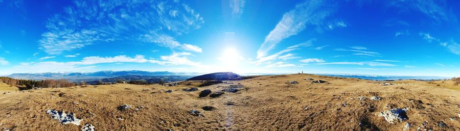 Panoramic view of landscape against blue sky