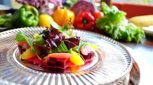 Close-up of fruit salad in plate on table