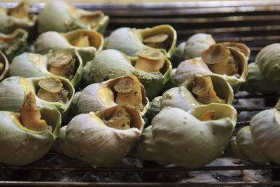 Close-up of stuffed shell on metal grate at market stall