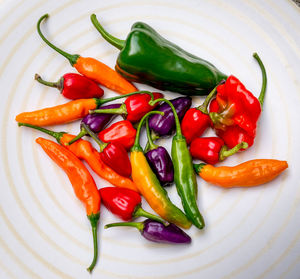 High angle view of chili peppers in container