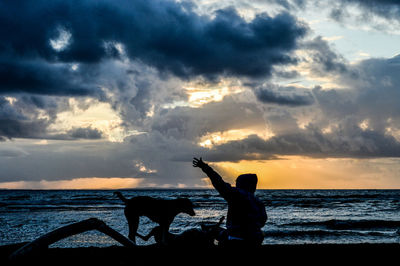 Silhouette of person with pets against storm cloud by beach