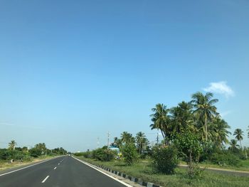 Road by trees against blue sky