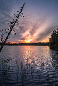 Scenic view of lake against orange sky