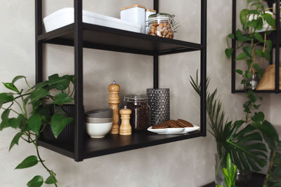 Black metal shelves in the kitchen on a gray concrete wall in a loft style. green flowerpots