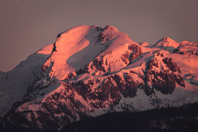 Scenic view of snowcapped mountains against clear sky during winter