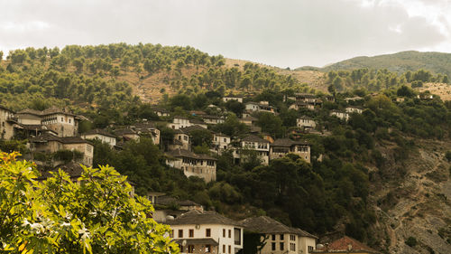 High angle view of townscape and trees against sky