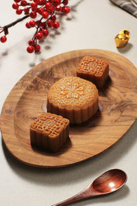 Mooncake on light background with tea. concept moon cake on mid autumn festival or chinese new year 