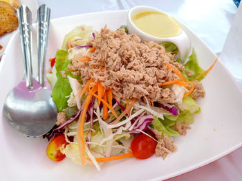 High angle view of food in plate on table