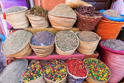 High angle view of multi colored vegetables for sale at market stall