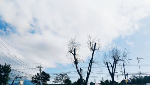 Low angle view of bare trees against cloudy sky