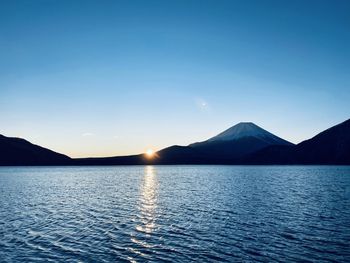 Scenic view of lake against clear blue sky