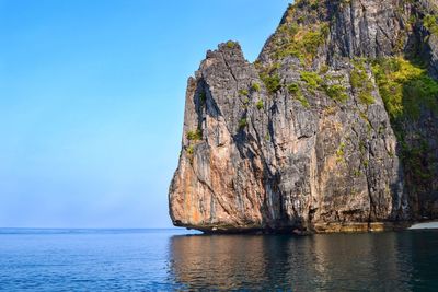 Rock formation by sea against clear sky