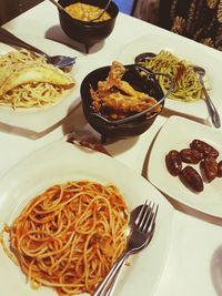 High angle view of food served on table