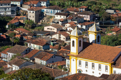 High angle view of buildings in town