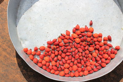 High angle view of strawberries in bowl