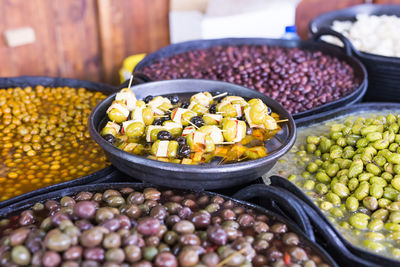 High angle view of food in bowls on table