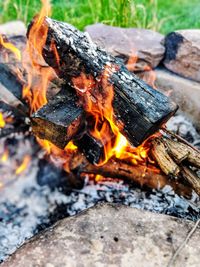 Close-up of firewood burning in fire