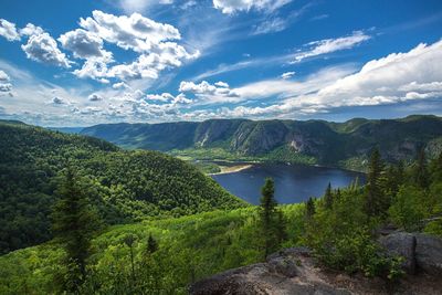 Scenic view of lake and mountains against sky