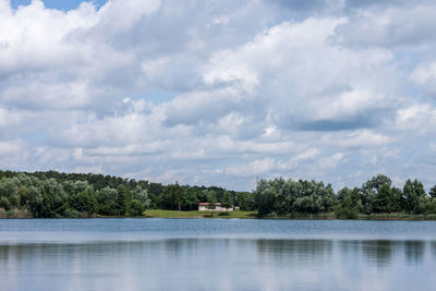 Scenic view of lake against cloudy sky