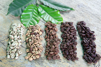 High angle view of coffee beans and leaves on table