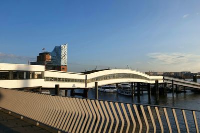 Bridge over river against buildings in city