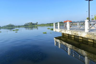 Scenic view of lake against clear blue sky