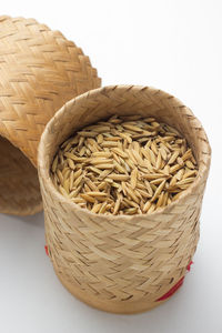 High angle view of wicker basket on table