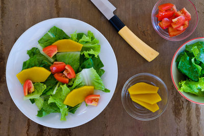 High angle view of salad in bowl on table